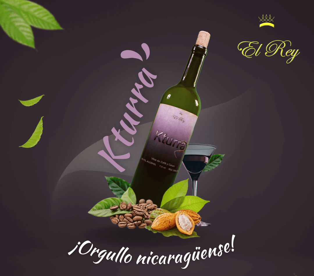 Se muestra imagen de fantasía de Vino tinto de Nicaragua, Kturra, vino de café y cacao.